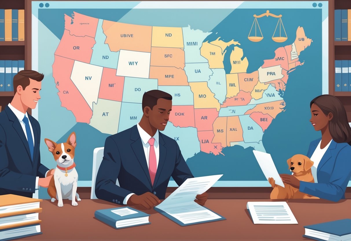 A lawyer consulting with a pet owner holding a small dog in a law office, with a map of the United States showing highlighted states in the background.