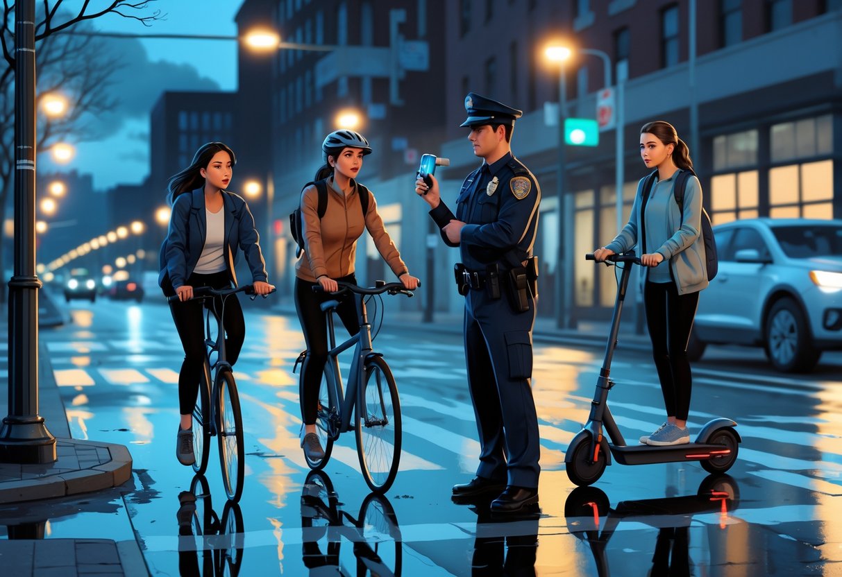A police officer stops a person on a bicycle and another on an electric scooter on a city street at dusk.