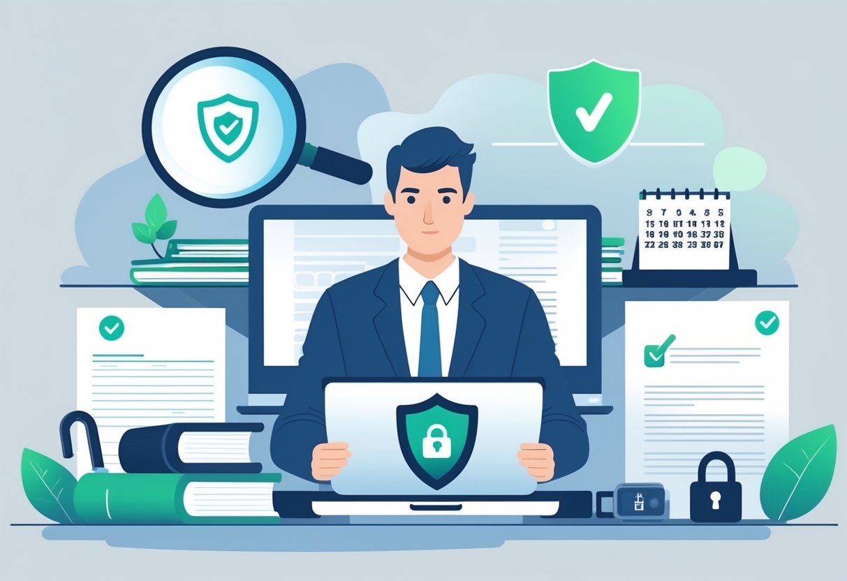 A person at a desk reviewing documents and a laptop with security icons, surrounded by symbols of identity protection and legal paperwork.