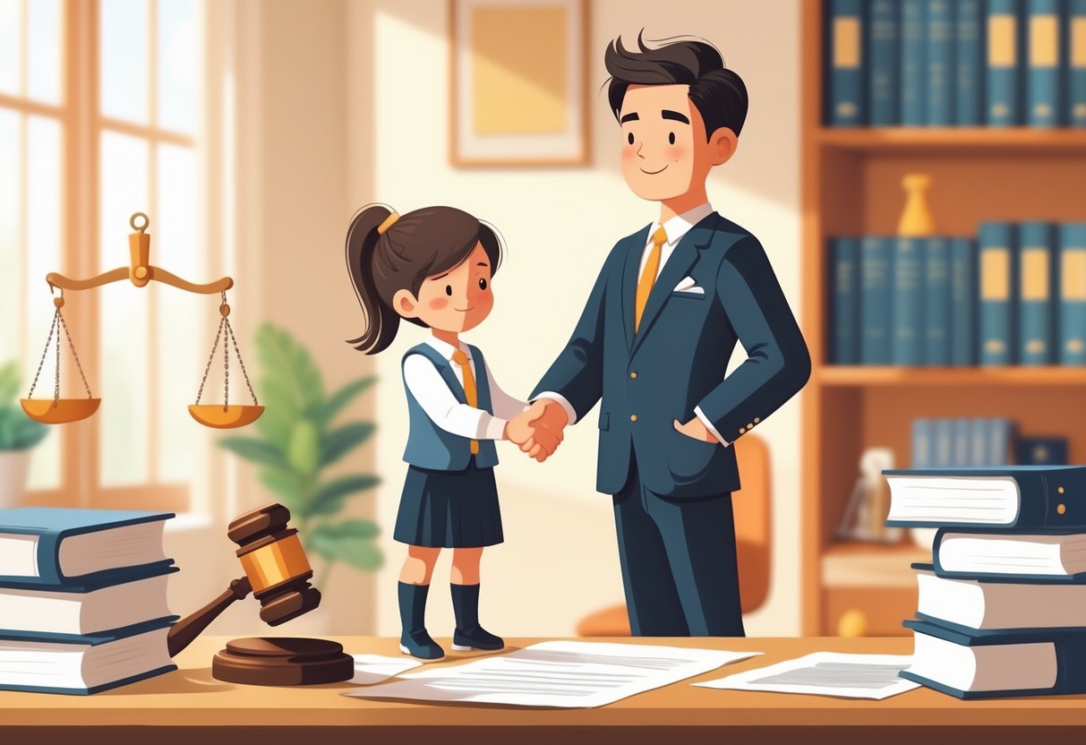 An adult holding a child's hand in an office with legal documents, a gavel, and scales of justice nearby.