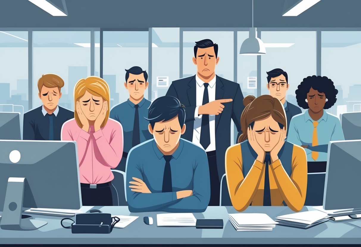 An office scene showing employees looking upset and stressed while a manager stands nearby with a stern expression, illustrating a tense and uncomfortable workplace.