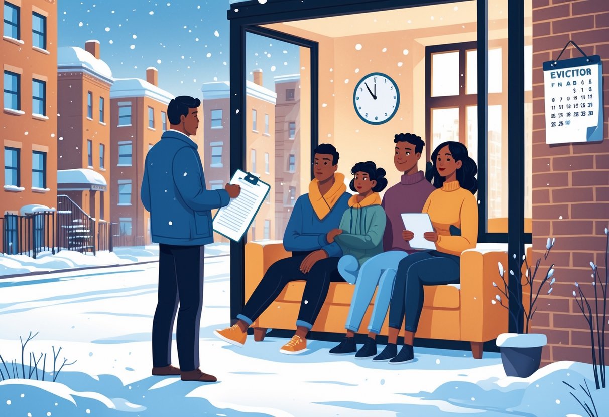 A family inside an apartment during winter looks concerned while a landlord outside holds a notice and a tenant rights advocate speaks with them.