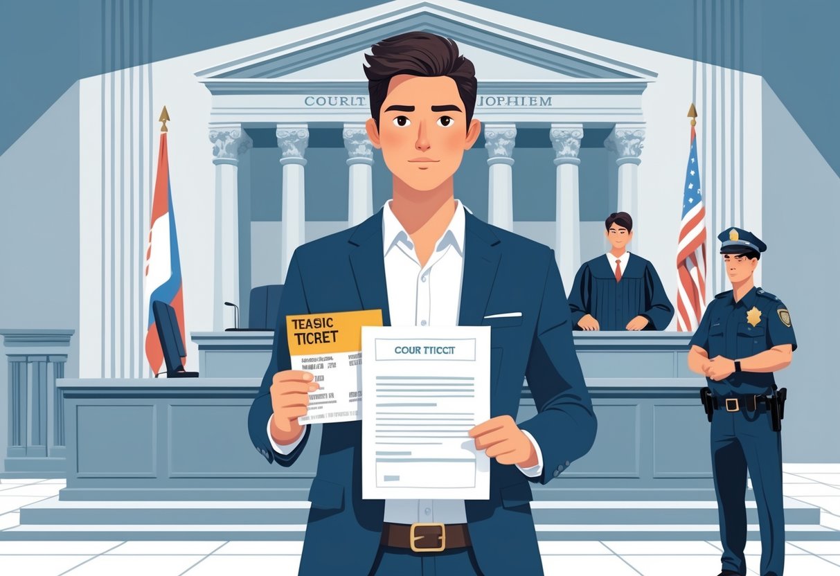 A person standing confidently in a courtroom holding a traffic ticket and legal papers, with a judge and police officer present.