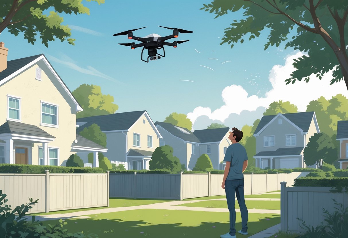 A drone flying over a backyard in a suburban neighborhood with a person watching from their property.