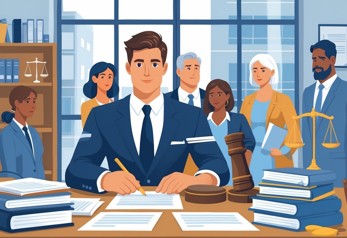 A lawyer reviewing documents at a desk with a gavel and legal books, while a diverse family talks in the background in a modern office.