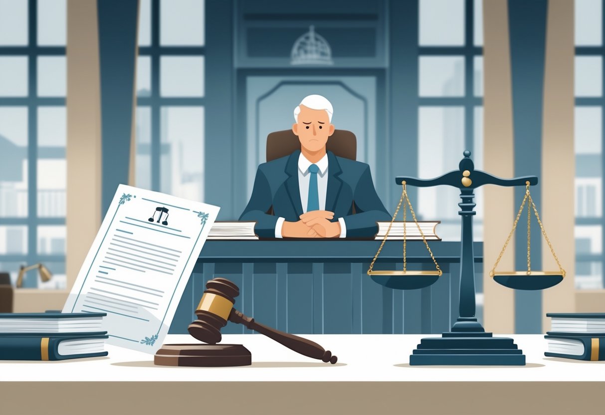 A courtroom scene showing scales of justice, a gavel on a desk, and a judge or lawyer reflecting on legal principles.