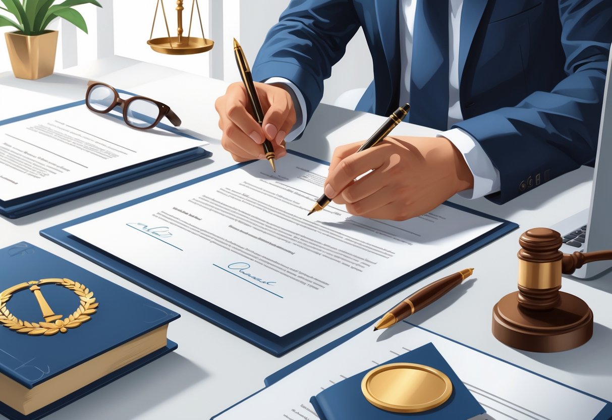 Hands signing a formal contract on a desk with a gavel, law book, glasses, and laptop nearby.