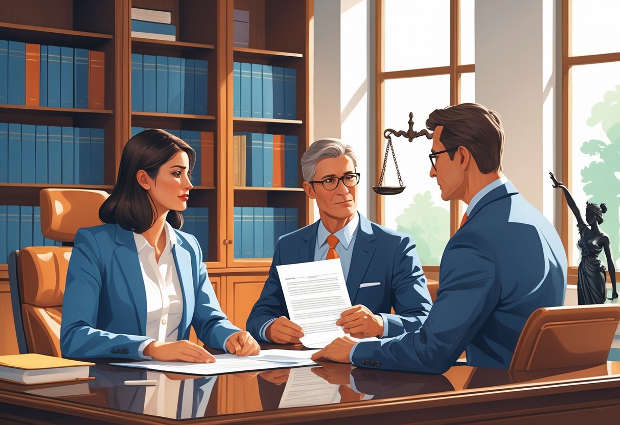 A parent and teacher talking with a lawyer in an office, discussing legal matters related to schools.