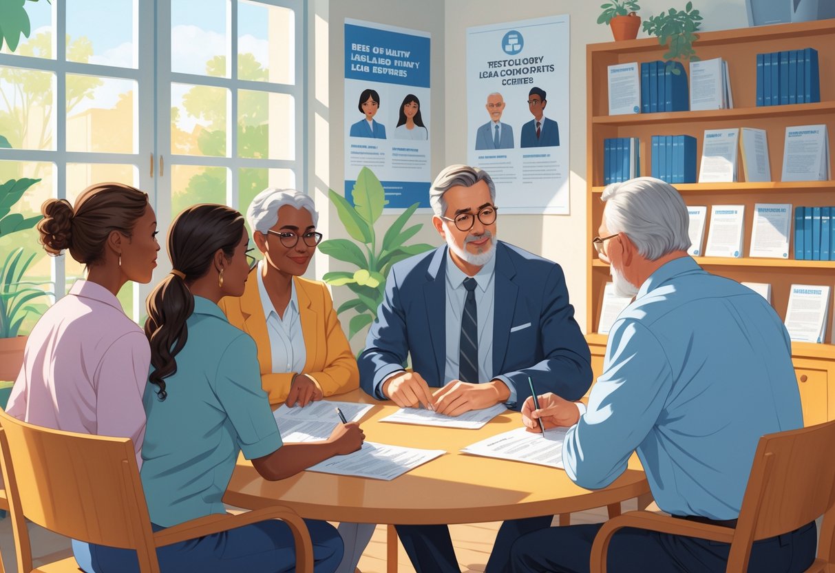 A group of diverse people talking with a legal advisor in a community center surrounded by law books and informational materials about legal help.