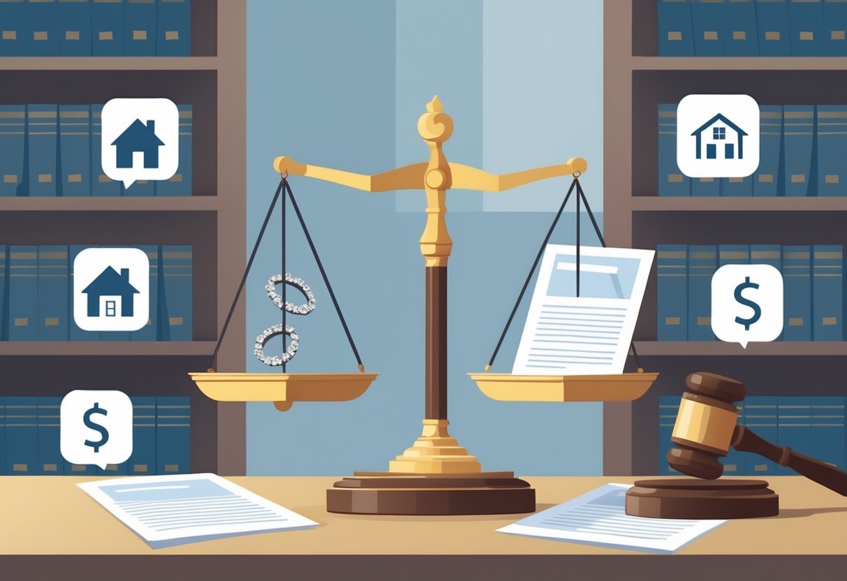 A balanced scale with a broken wedding ring on one side and legal documents on the other, surrounded by icons of a house, child silhouette, and dollar sign, set in a law office background with bookshelves and a gavel.