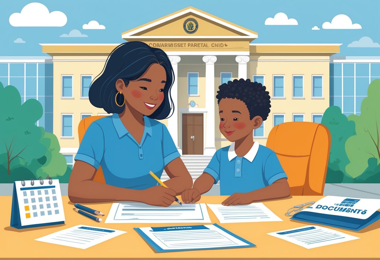 A parent and child sitting at a desk reviewing legal documents together with a courthouse building in the background.