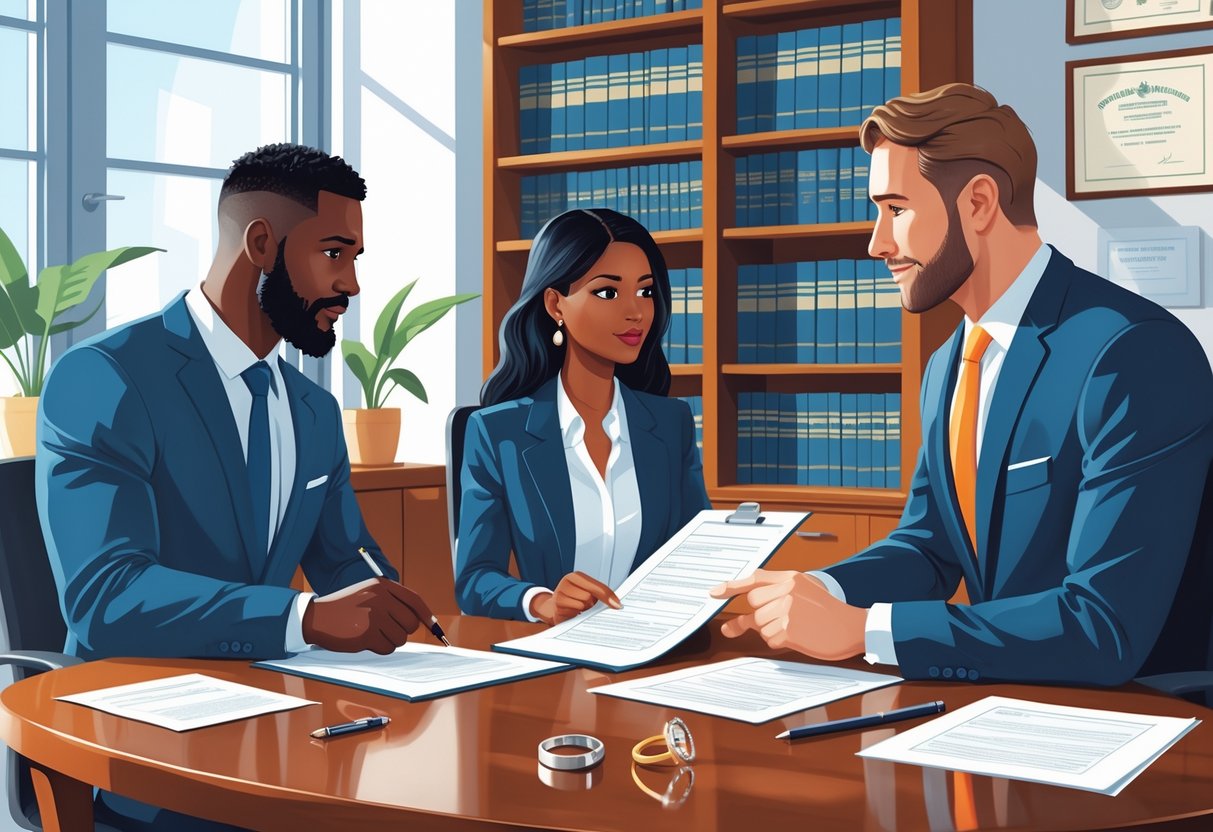 A couple discussing legal documents with a lawyer at a table in an office.